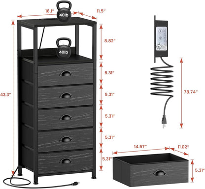 5-Drawer Dresser with Charging Station & Voice Control LED Light, Modern Bedside Table with USB/Type-C Ports