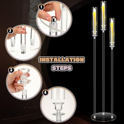 Havawish 6 Set Acrylic Candelabra Centerpieces 3 Arms with 18 LED Candles 42.5'' Floor Tall Candle Holders with Acrylic Shade Wedding Clear Table Candlesticks Stand Fit 0.8'' for Party