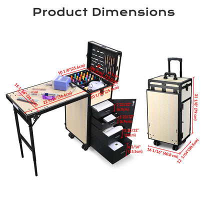 BYOOTIQUE Rolling Manicure Table Nail Station with Handle Foldable Nail Table Rolling Makeup Case with 4 Drawers Traveling Manicure Case on Wheels for Nail Tech, ForgetMeNot Apricot
