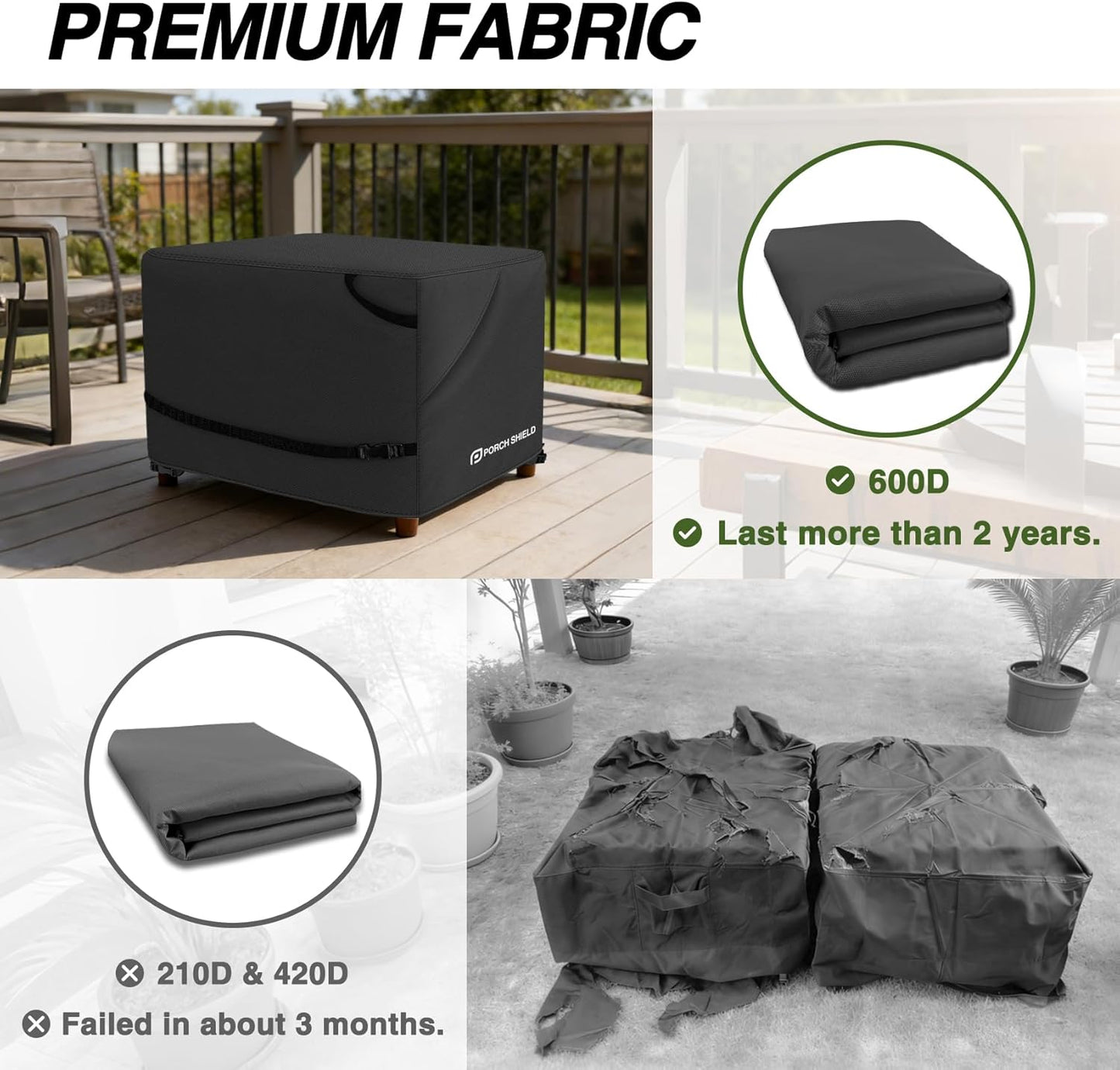 31L 31W 18H inch, Porch Shield Patio Ottoman Cover - Waterproof Outdoor Square Side Table Covers x x Black
