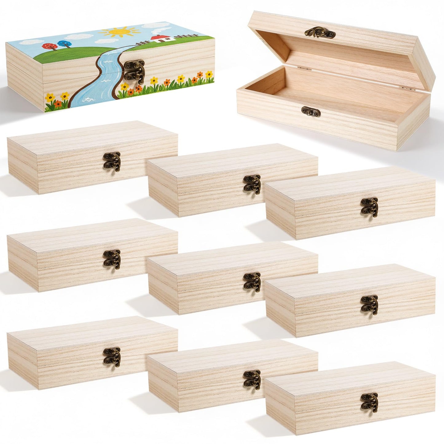 Oqqlin 10 Pack Wooden Box with Hinged Lid, Unfinished Wooden Boxes for Crafts 7.87 x 3.9 x 1.96 Inch Large Unpainted Paulownia Wood Box for DIY Crafts and Jewelry Storage