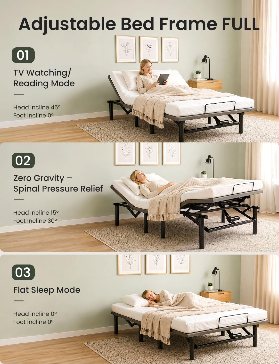 Mixcous Full Size Adjustable Bed Frame with USB Ports, Electric Bed Base with Wireless Remote, 3-Fold Foldable Design, Quiet Motor, Heavy Duty Metal Frame, Easy Assembly Adjustable Base