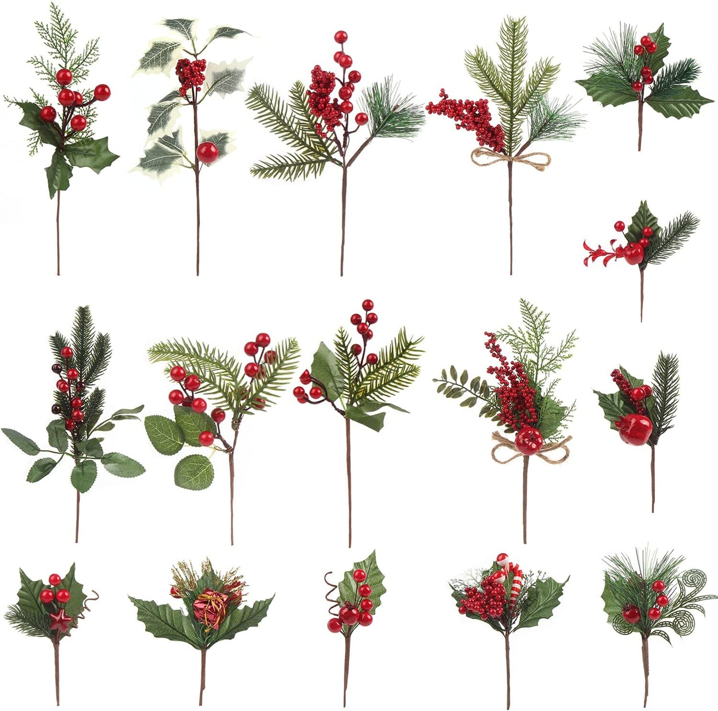 16 Pack CCINEE Artificial Christmas Red Berry Picks Assorted Pine Berries Branches Fake Holly Stems for Xmas Tree