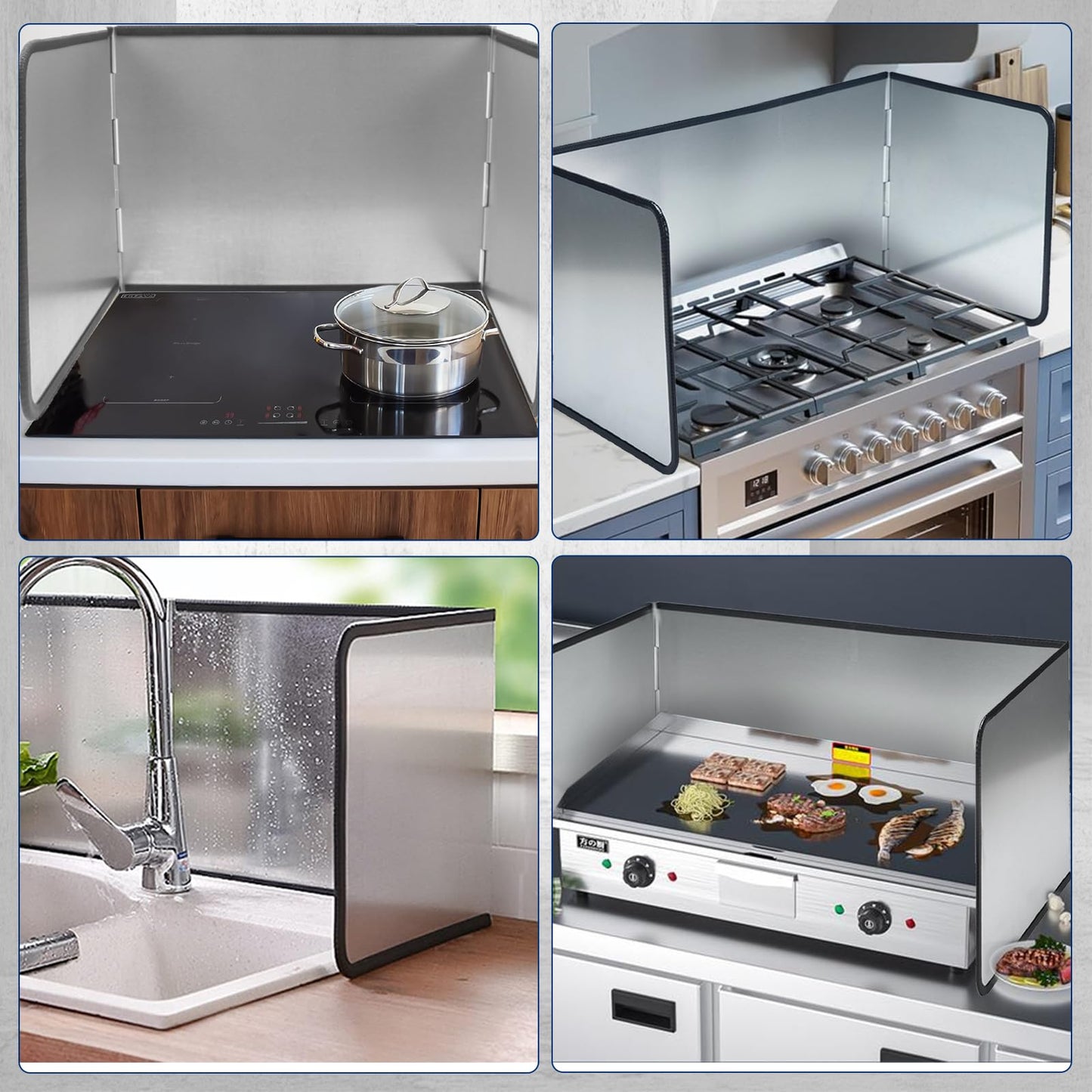 KOBSAINF 4 Sided Splatter Guard,Foldable Stainless Steel Oil Splatter Screens for Frying,Oil Splash Insulation Board,Nonstick Oil Splatter Guard Stove Heat Insulation Board for Cooking