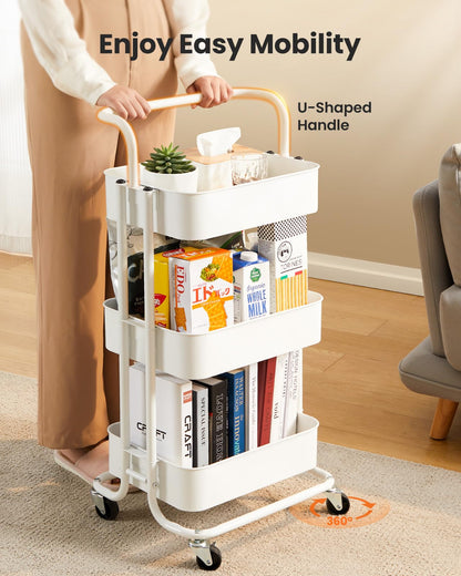 Pipishell 3 Tier Rolling Cart, Metal Utility Cart with Wheels and Handle, Rolling Storage Cart for Nursery Room, Living Room, Painting Room, Office and Kitchen, White