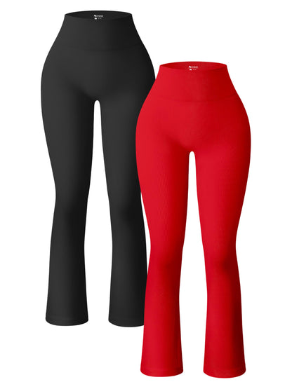 OQQ Women's 2 Piece Yoga Pants Ribbed Seamless Workout High Waist Bell Bottoms Flare Leggings