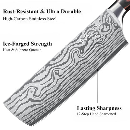 Sunnecko Japanese Nakiri Knife 7 Inch - 15° Edge Carbon Steel Chef Knife Full Tang Forged Blade Vegetable Cleaver with Sheath, Kitchen Gift for Home Cooks & Pros, Father's Day Box