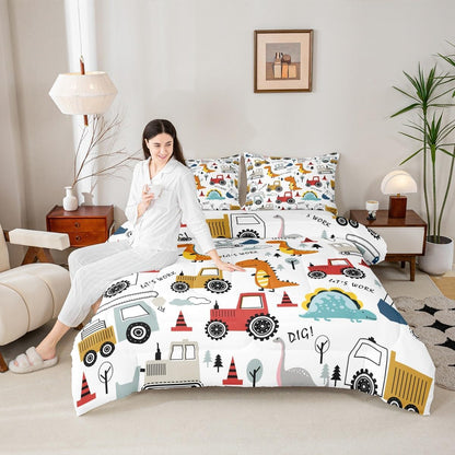 Set Set Set Set Set Feelyou Construction Comforter Kids Cartoon Dinosaur Comforter Cover for Boys Equipment Trucks