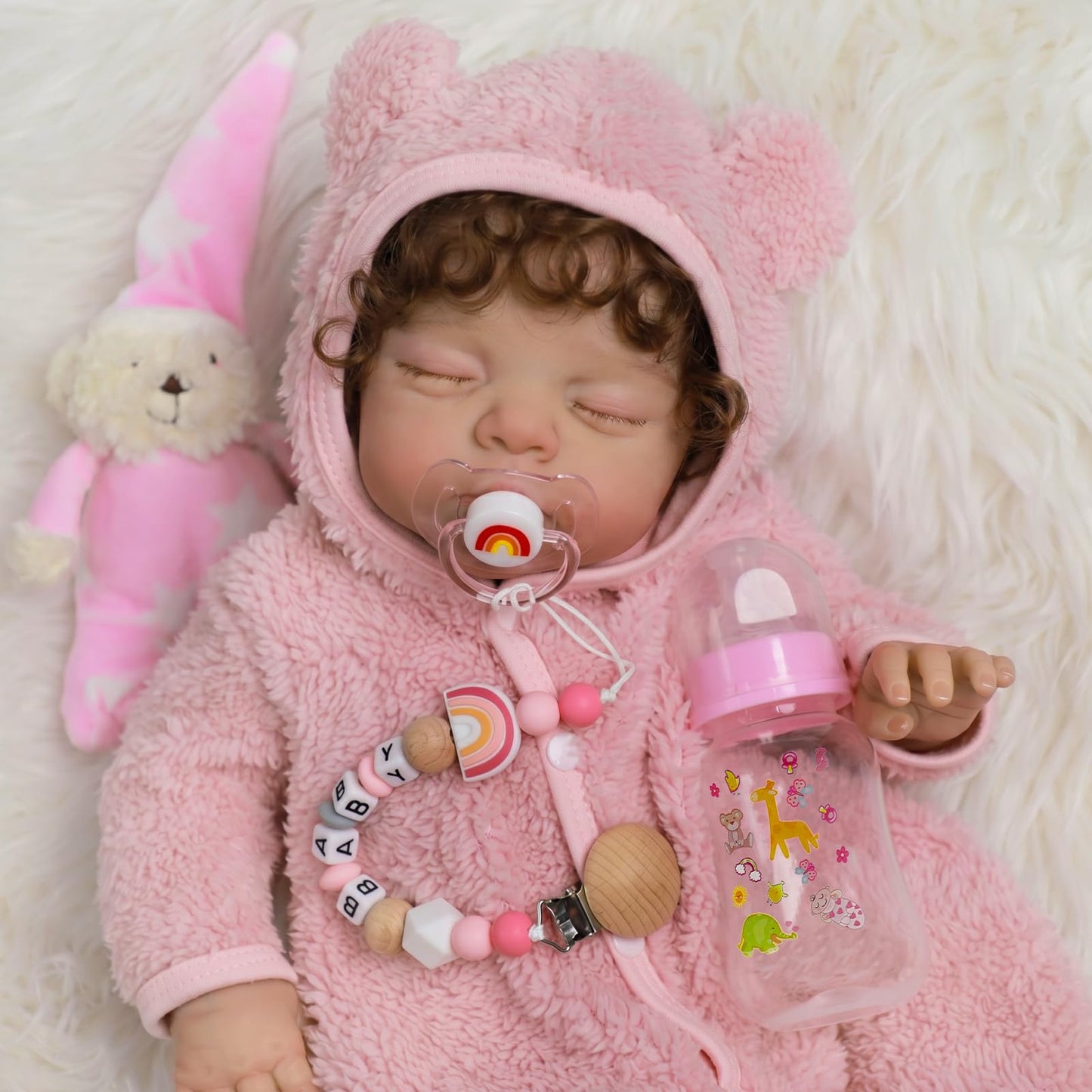 SCOM Reborn Baby Doll Accessories Set - Rainbow Silicone Pacifier Clips & Magnetic Pacifiers & Removable Reusable Baby Doll Bottles for Reallife Realistic Reborn Dolls Girls, Pink Style, 3 Pcs