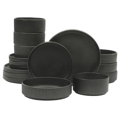 Gibson Elite Deerfield 16-Piece Stoneware Dinnerware Set – Matte Black Reactive Glaze Plates and Bowls, Stackable, Modern Design, Service for 4 – Microwave & Dishwasher Safe