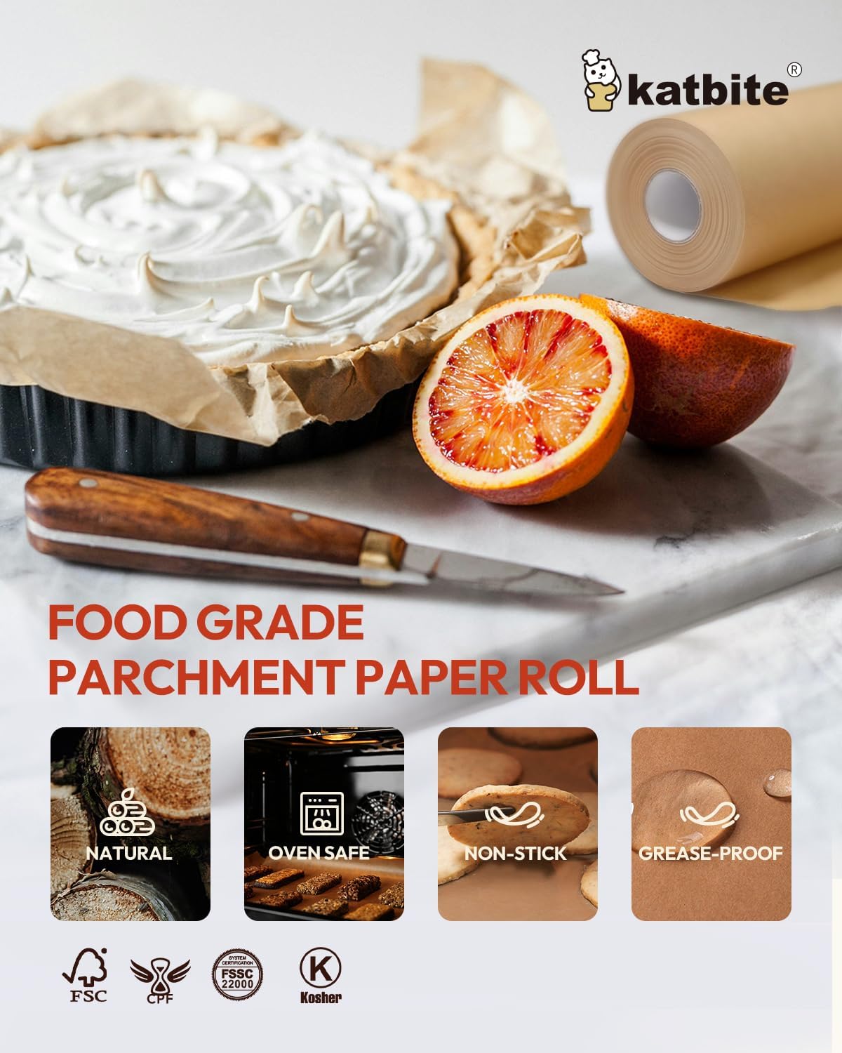 Katbite Unbleached Parchment Paper Roll, 15in x 242ft, Non-Stick with Serrated Cutter for Baking