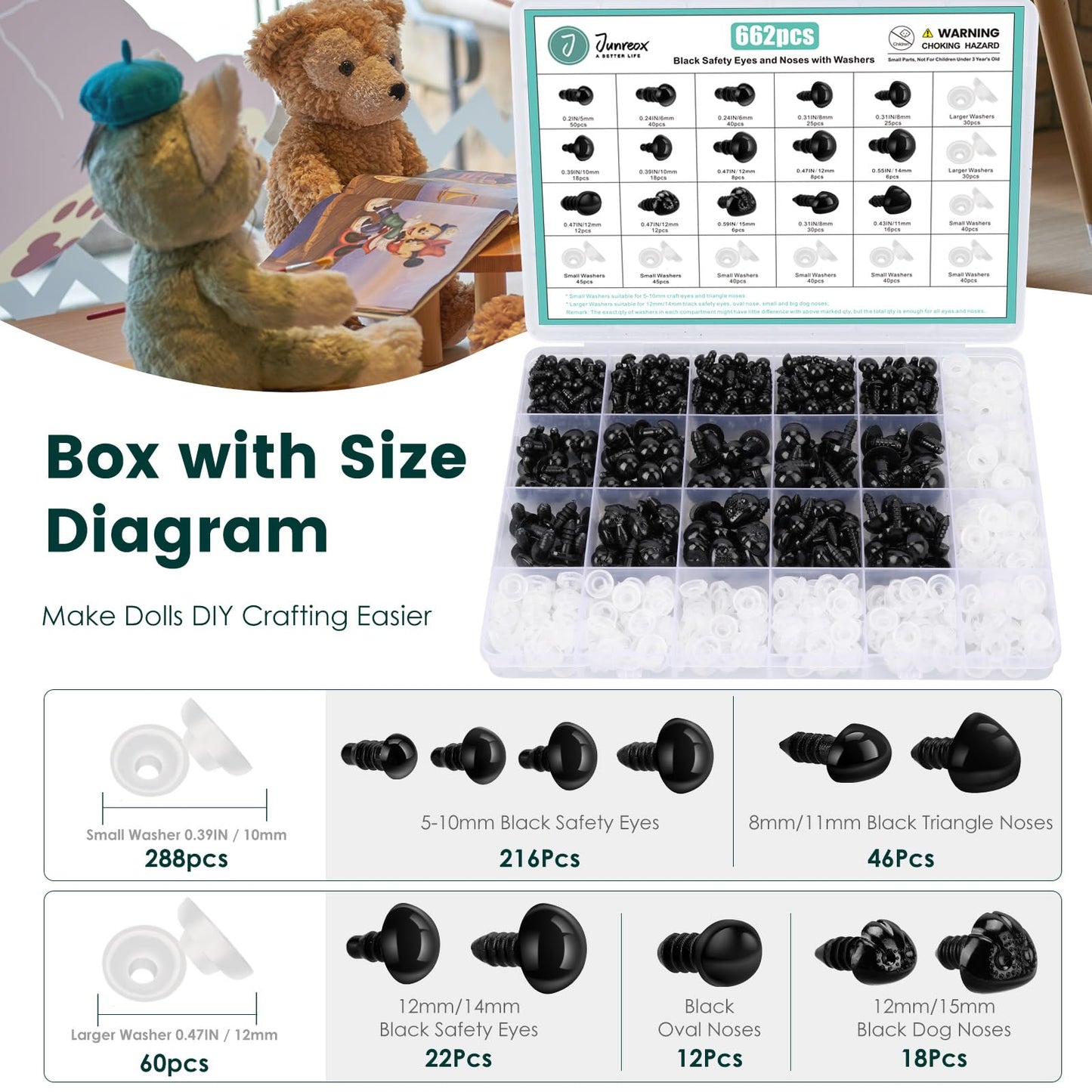 662Pcs Safety Eyes and Noses for Amigurumi, Junreox Preimum 5-14mm Safety Eyes for Crochet Stuffed Animals, Assorted Plastic Crochet Craft Eyes with Washers for Teddy Bear, Dolls, Plushies Toys, Black