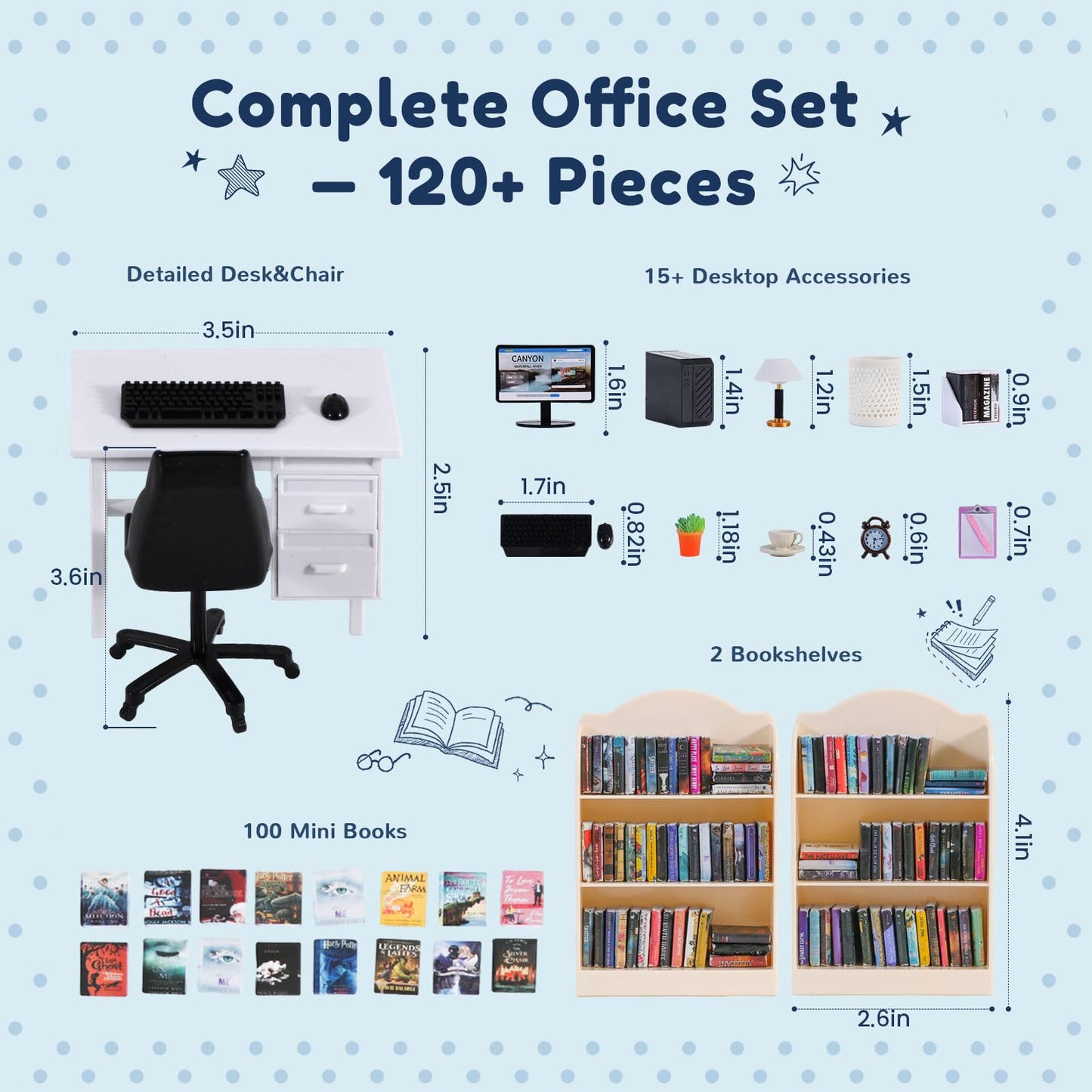 1:12 Scale Mini Desk Set with 100 Mini Books & 2 Bookshelves — Miniature Dollhouse Furniture Set with Office Chair, Computer & 15+ Accessories — Mini Desk Accessories for Doll House Diorama