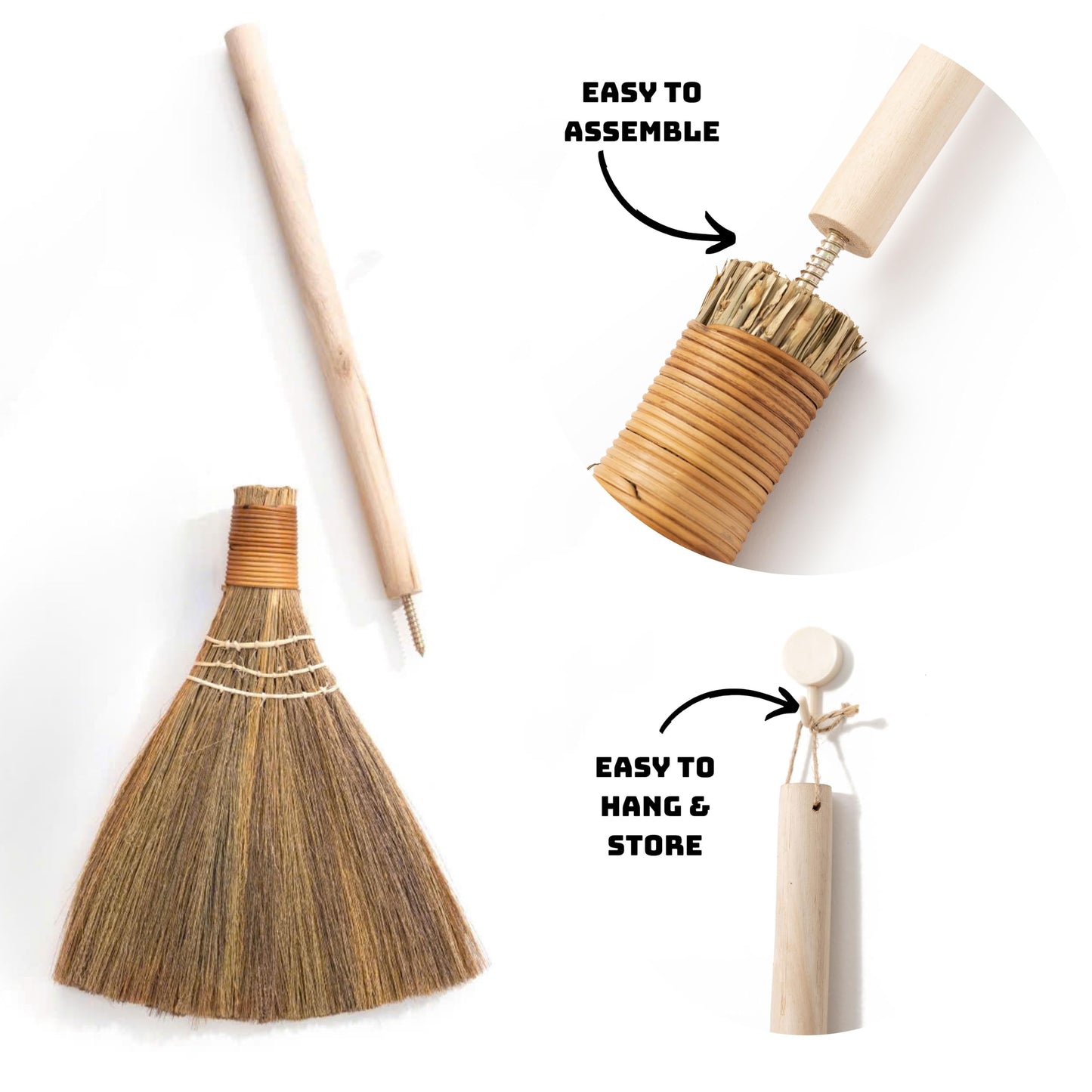 Handmade Vietnamese Straw Broom, Single Handle – Free Halloween Decoration Set, Witch Broom for Costume, Haunted House & Indoor Decor, Soft Grass Whisk Broom for Sweeping or Display