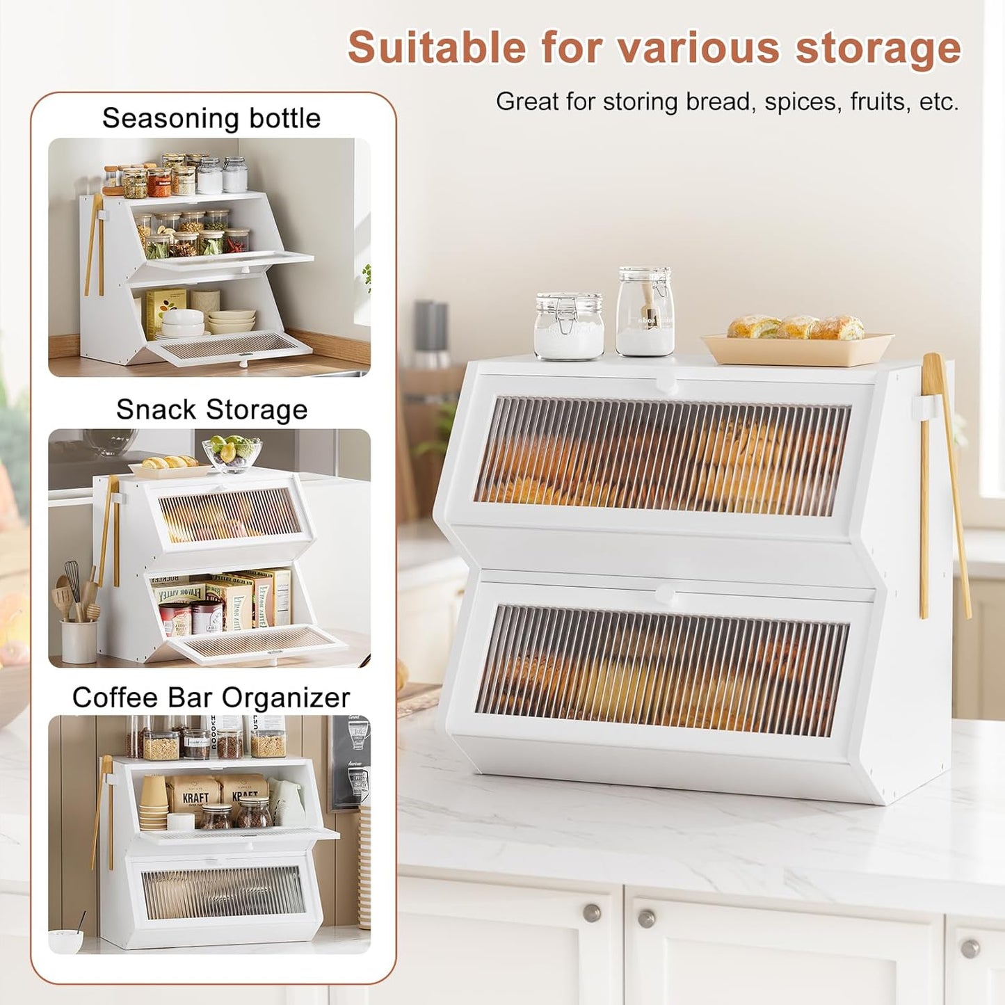 Countertop, Counter WOWLIVE Double Layer Bread Box for Kitchen Large Bamboo Bread Storage Container for Homemade Bread