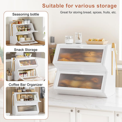 Countertop, Counter WOWLIVE Double Layer Bread Box for Kitchen Large Bamboo Bread Storage Container for Homemade Bread