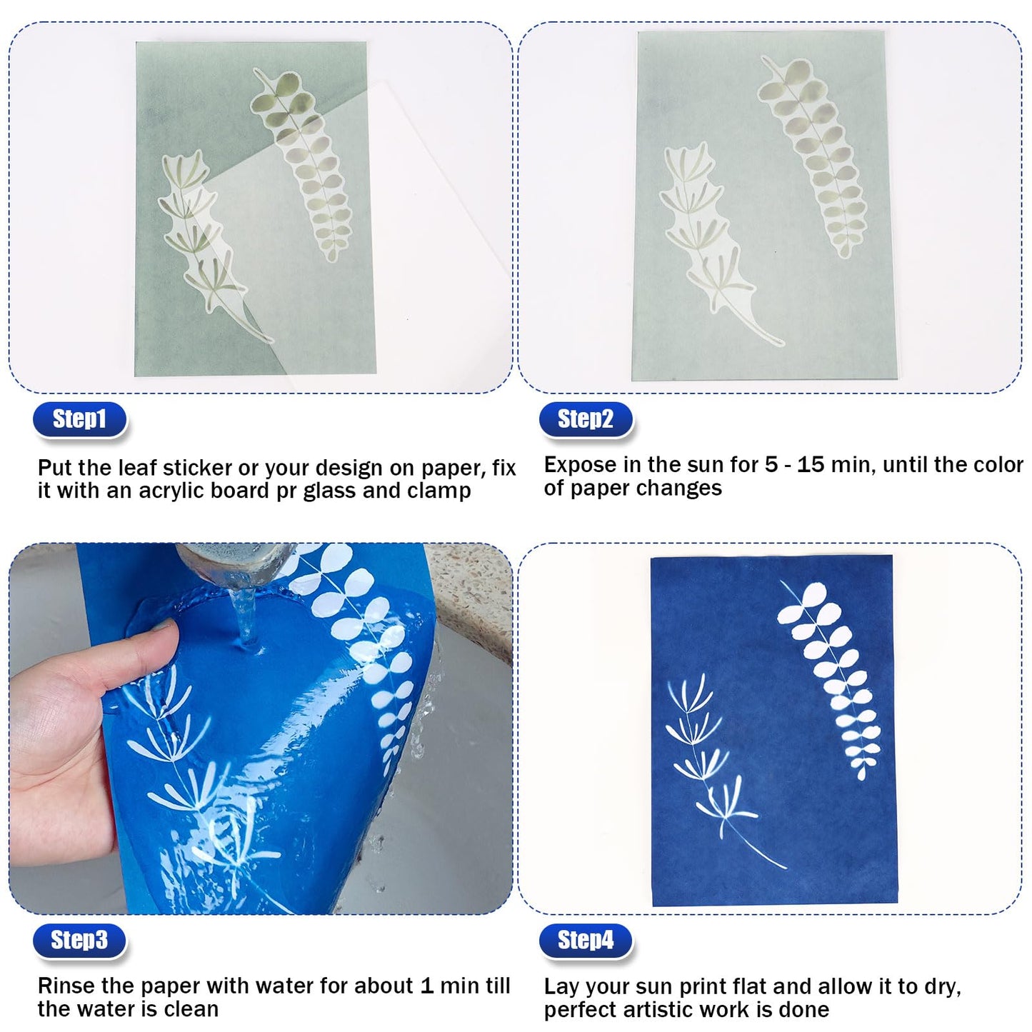 LIGHOON 60 PCS Cyanotype Sun Print Kit, A5 Sensitive Solar Art Paper Kit with 20 Pcs Leaf Sticker for DIY Arts Crafts Projects