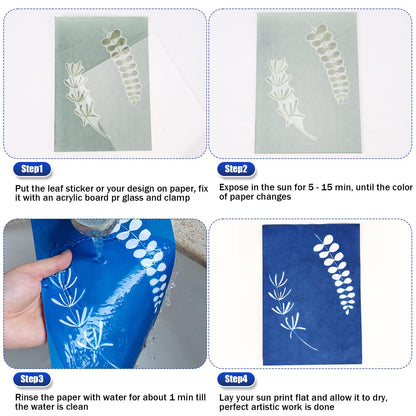 LIGHOON 60 PCS Cyanotype Sun Print Kit, A5 Sensitive Solar Art Paper Kit with 20 Pcs Leaf Sticker for DIY Arts Crafts Projects