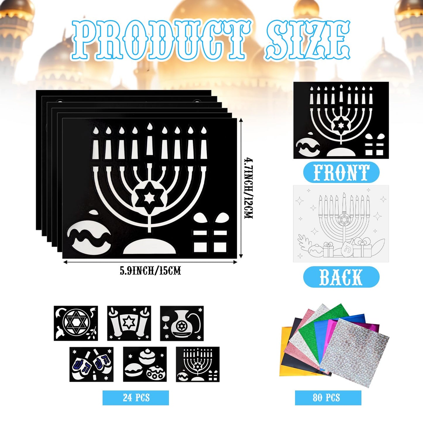 Cinrobiye 24 Set Hanukkah Foil Art Craft DIY Chanukah Painting Kit Art Paper Coloring Activity for Home School Classroom Art Project Party Favors Happy Hanukkah Birthday Goodie Bags Gifts Prizes