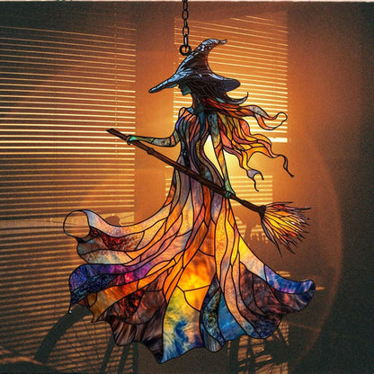 Scary Witch Acrylic Suncatcher Stained Glass Effect Window Car Hanging Christmas Ornament Indoor Outdoor Decor Garden Sun Catcher Panel for Halloween Lover for Women Mom Grandma