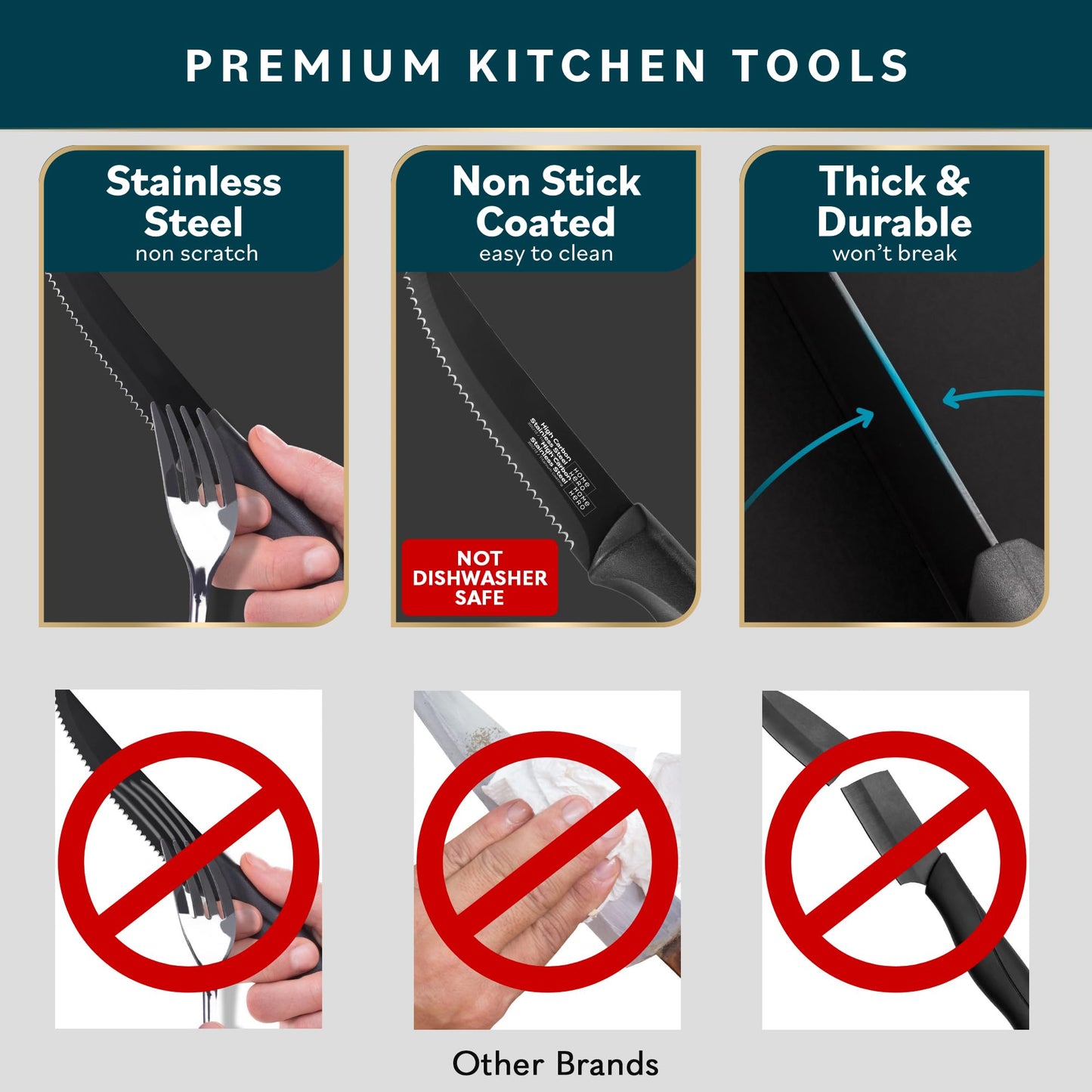 Home Hero High-Carbon Stainless Steel Steak Knife Set - Sharp Serrated Knives & Nonstick Coating - Ergonomic TPR-Coated Handles - Rust-Resistant Blades & Hand Wash - 8-Piece Set, Black
