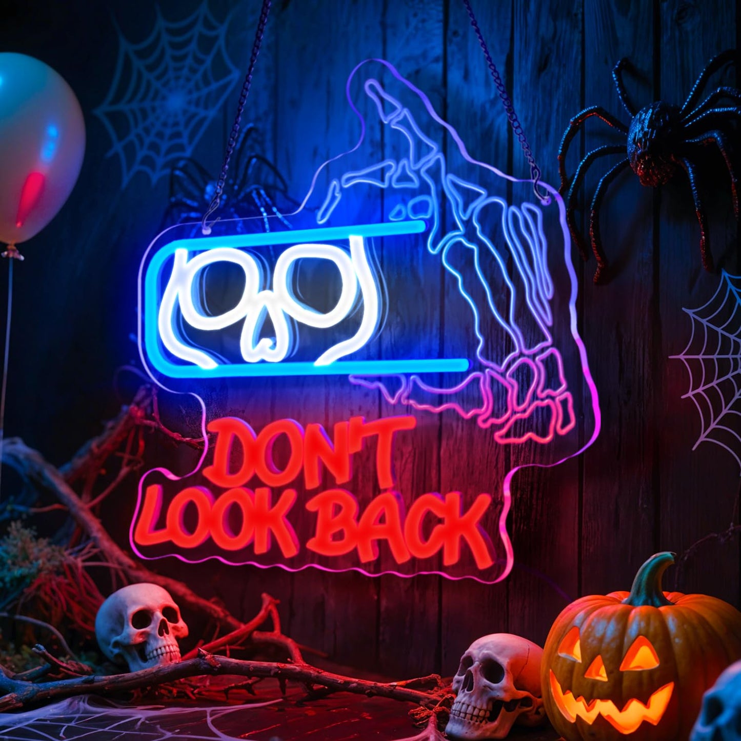 Astuddy Halloween Skull Neon Sign – “Don’t Look Back” LED Neon Wall Light with Skull and Bone Hand Design,USB Powered Spooky Neon Decor for Haunted House,Bar,Bedroom,Man Cave,Halloween Party