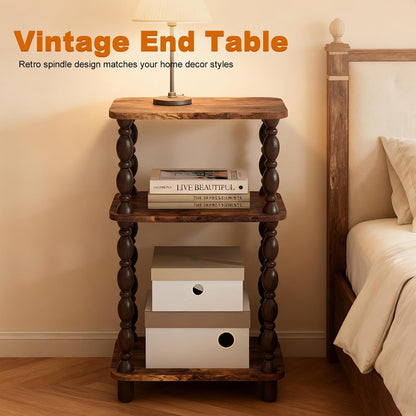Retro End Table, 3-Tier Small Side Table, Narrow Couch Side Table for Small Spaces, Farmhouse End Table, Modern Accent Table, Skinny Bedside Table Nightstand for Bedroom, Living Room (Rustic Brown)