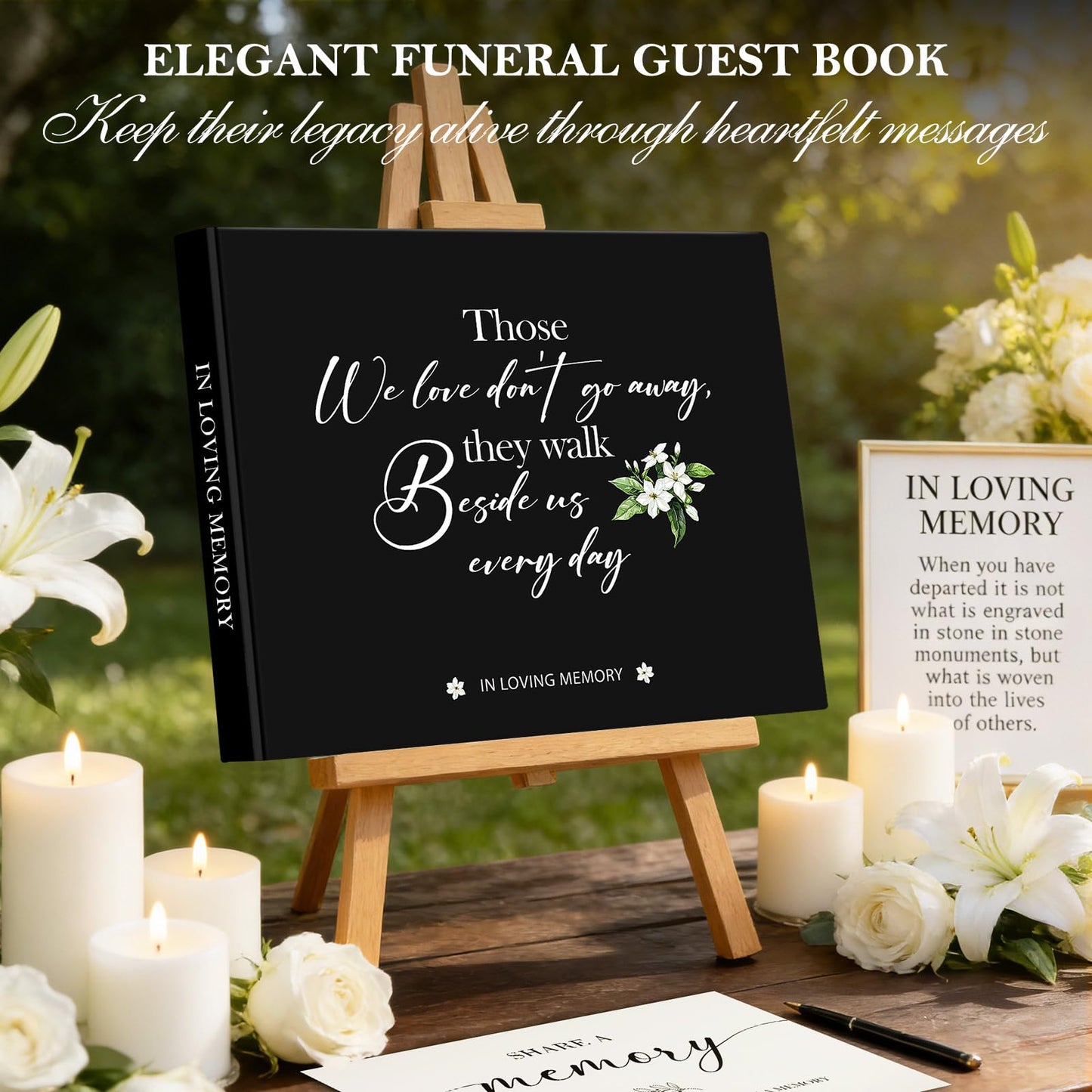 Lanpn Funeral Guest Book for Memorial Service, 100 Pages in Loving Memory Sign in Books for Guests with Memorial Table Sign, Leather Cover Funeral Favors Registry Book, Black