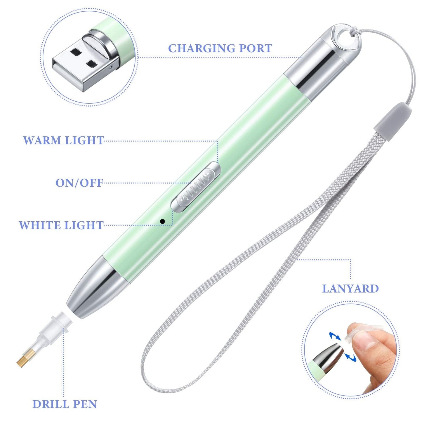 Zonon 2 Pieces LED Diamond Painting Pen 5d USB Rechargeable Lighting Point Drill Pen with 10 Head and 20 Glue Clay for DIY Handicraft(Green, Purple)