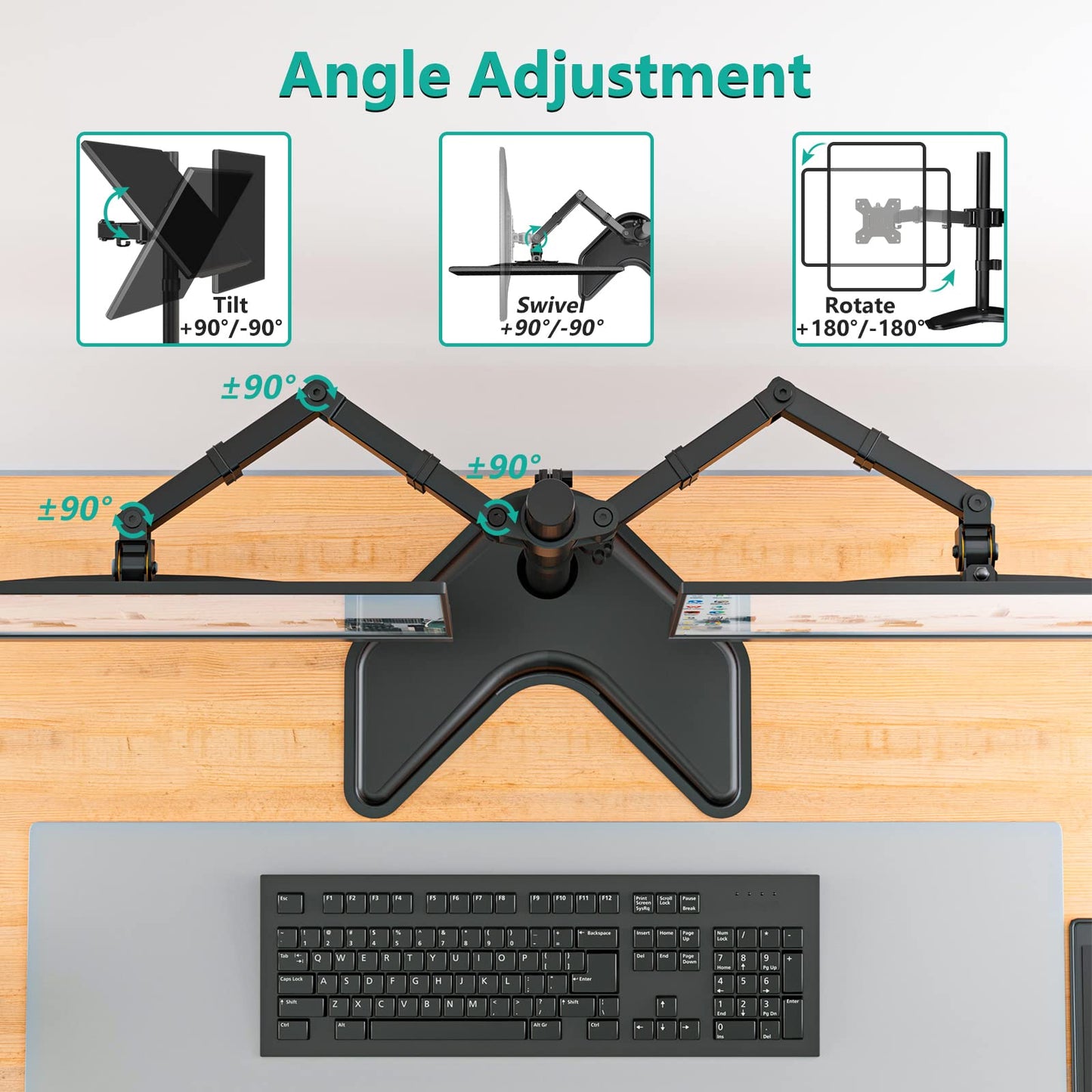 WALI Dual Monitor Stand for Desk, Monitor Stands for 2 Monitors up to 27 inch, Dual Monitors Mount Fits up to 22lbs, Free Standing Full Motion Dual Monitors Arm for Desk (MF002), Black