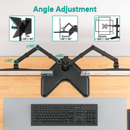 WALI Dual Monitor Stand for Desk, Monitor Stands for 2 Monitors up to 27 inch, Dual Monitors Mount Fits up to 22lbs, Free Standing Full Motion Dual Monitors Arm for Desk (MF002), Black