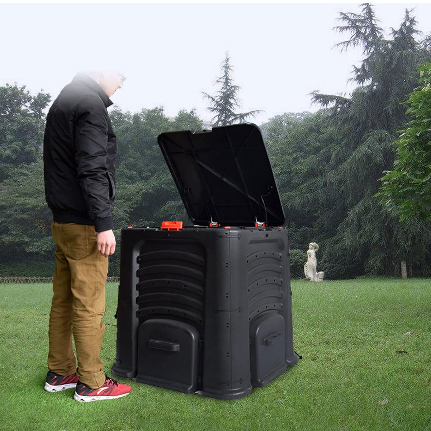Kitchen Compost Bin, Compost Bin, 105 Gallon (400 L) Large Outdoor Composting Box with Top Flip Lid and 4 Bottom Exit Door, BPA Free Material, Grass Food Trash Can Composter Barrel for Garden Yard, Ea