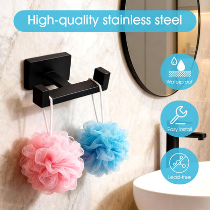 Dirvcp Double Towel Hook, Stainless Steel Wall Mounted Bathroom Hooks, Matte Black Coat Robe Hanger for Kitchen, Hotel, Pool