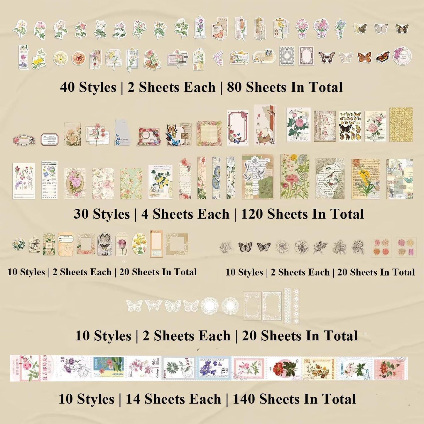 BLEDS 400PCS Vintage Journaling Supplies Pack, Scrapbook Supplies Scrapbook Paper Kit Aesthetic Scrapbook Paper Set Postage Journaling Stamp Stickers for Junk Journals Planner Retro Craft