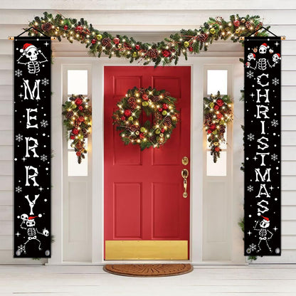 Christmas Door Banner Funny Skeleton Hanging Sign Spooky Vibes Front Door Decor Yard Wall Indoor Outdoor Party Decorations 12x71 Inch