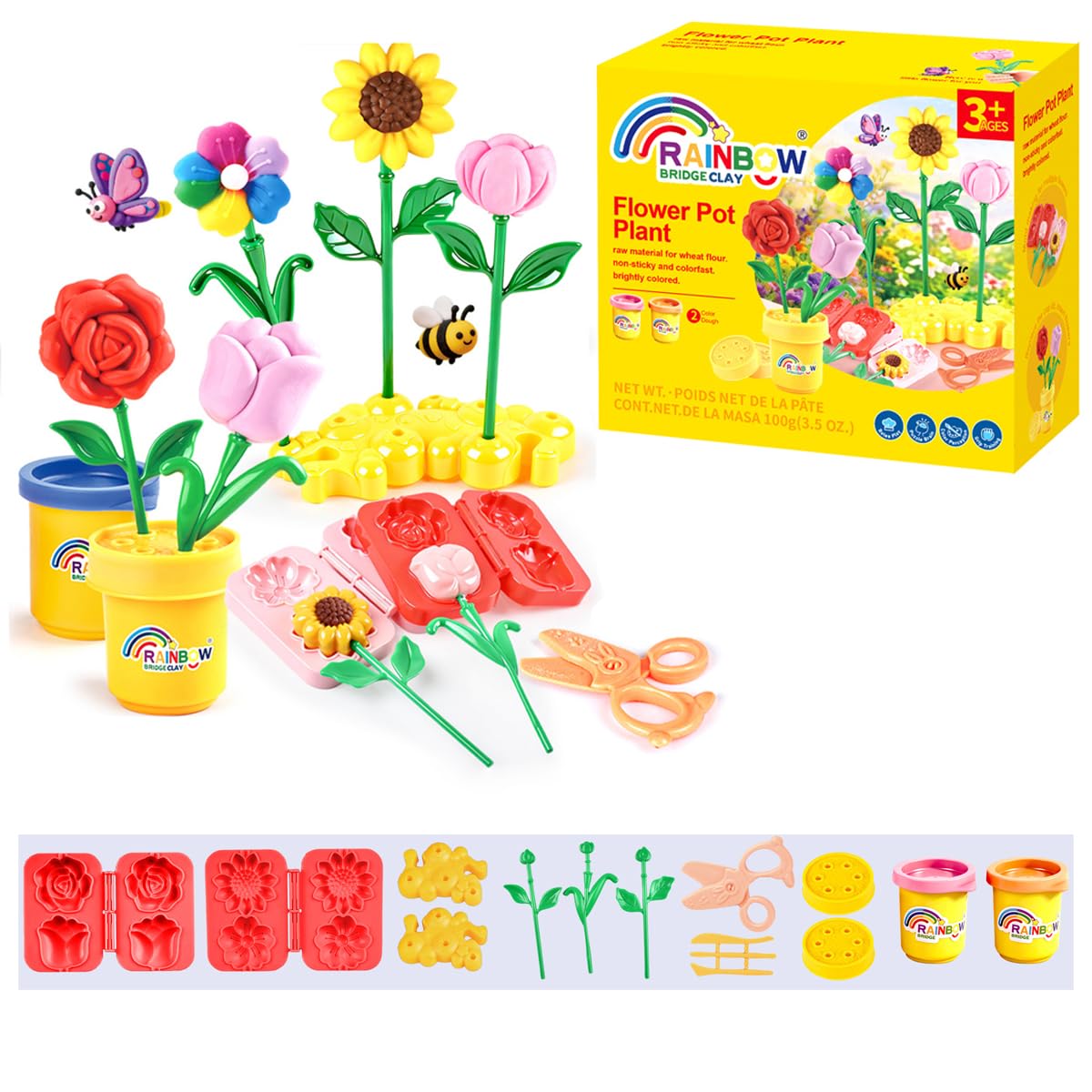 Clay Flower Pot Plant Play Set - 15PCS Modeling Dough Play Kit for Kids Ages 3-8, Non-Toxic Playdough with Molds & Tools, Easter/Christmas Gift for Toddlers Boys Girls Arts Crafts