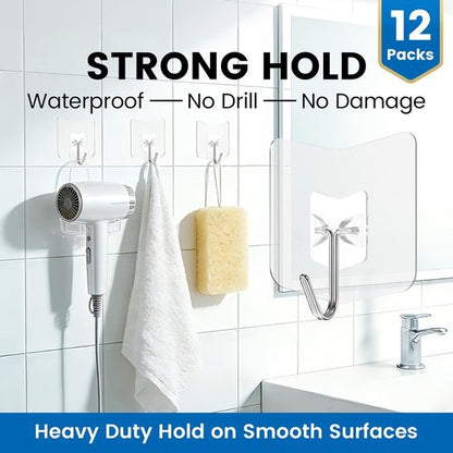Heavy Duty Shower Hooks by [Brand Name] - 12 Pack, No Drill Adhesive Hooks for Towel & Bathroom Use
