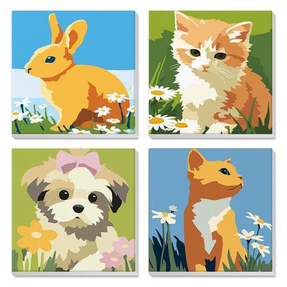 NEWENMO 4 Pack Paint by Number for Kids with Wooden Frame, Cute Rabbit, Cat, Dog Paint by Numbers for Kids Ages 8-12, Animal, DIY Acrylic Oil Painting for Beginners for Home Wall Decor 8X8 inch