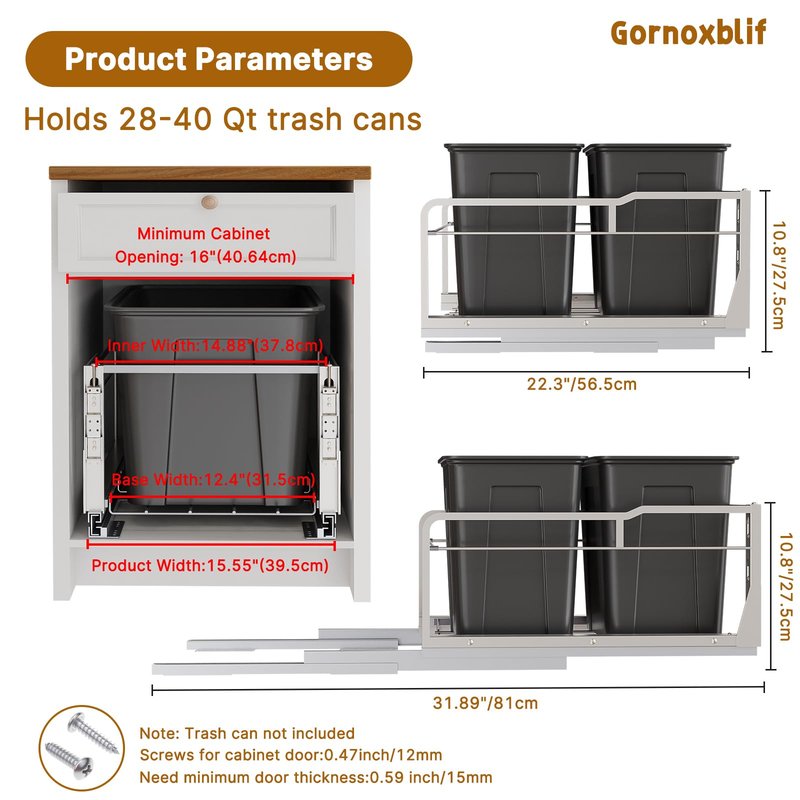 80QT Dual Pull Out Trash Can Under Cabinet with Soft-Close Slides, Heavy Duty Under Sink Trash Can Up to 130 LB for Kitchen, Garbage Can Not Included, Requires Minimum Cabinets Opening 16" W X 23" D
