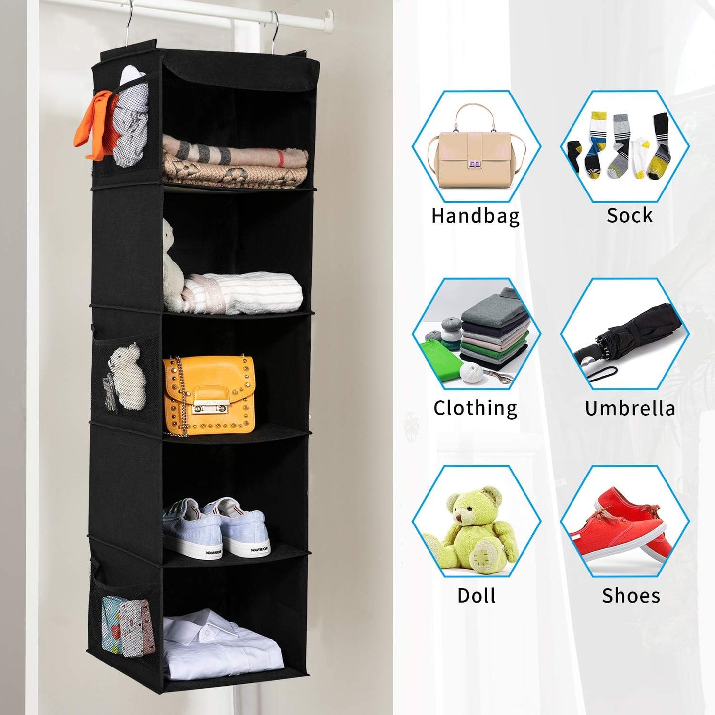 BrilliantJo 2 Pack Closet 5 6 43"x12"x12"(Black) Hanging Organizer, Shelves Hanging Storage with Side Pockets