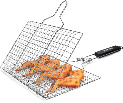 Fish Grilling Basket, Folding Portable Stainless Steel BBQ Grill Basket for Fish Vegetables Shrimp with Removable Handle, Come with Basting Brush and Storage Bag