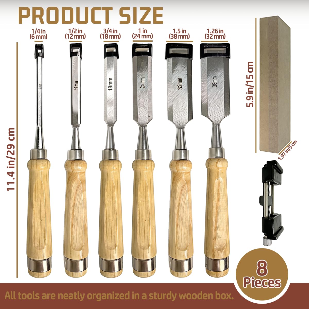 Pansente 8 Pieces Wood Carving Kit, 1/4"~1.5" Chisel Set, Includes a Storage Box and Whetstone Set, Specifically Designed for Craftsmen, Carpenters, and Artisans.