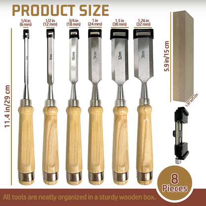 Pansente 8 Pieces Wood Carving Kit, 1/4"~1.5" Chisel Set, Includes a Storage Box and Whetstone Set, Specifically Designed for Craftsmen, Carpenters, and Artisans.