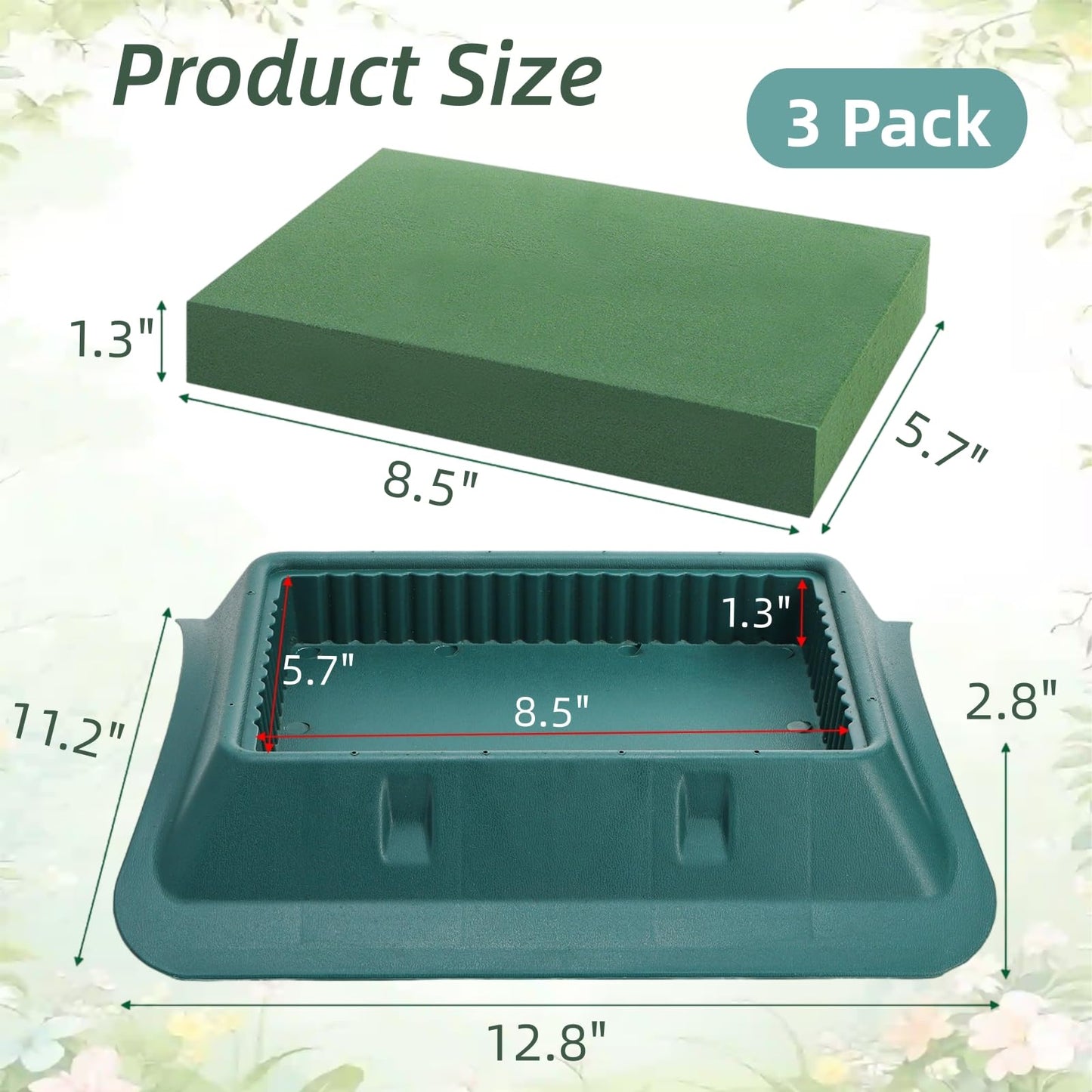Jowgut 3 Pack Floral Foam with Bowl Kit, 12.8"L × 11.2"W × 2.8"H Large Rectangle Flower Arrangement Base Casket Saddle, Plastic Flower Foam Blocks Funeral Supplies for Table Party Wedding Festival