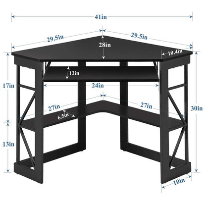 VECELO Corner Desk Computer Desk Writing Table with Smooth Keyboard Tray & Storage Shelves,Compact Home Office Triangle Table,Black