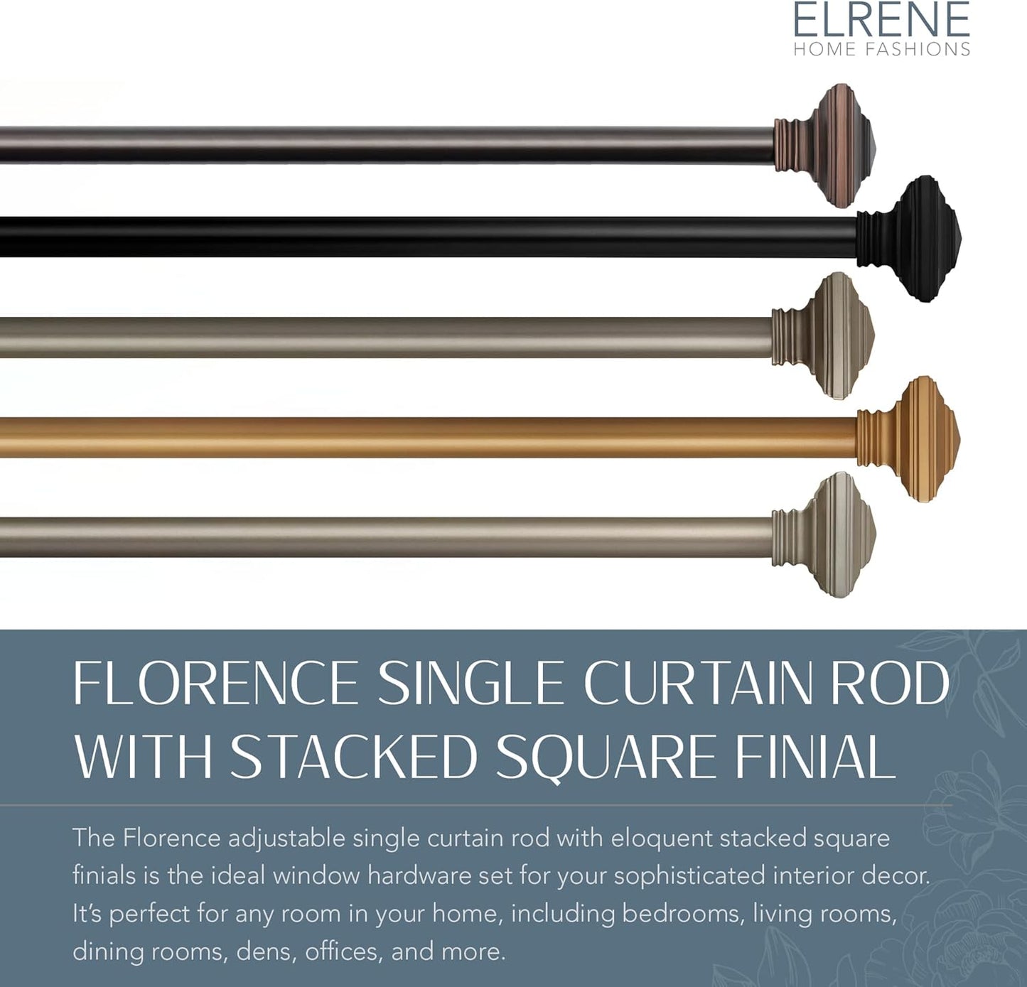 Elrene Home Fashions Florence Single Curtain Rod with Stacked Square Finials, 1" Diameter, Soft Gold, 28X48