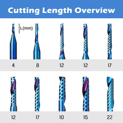 Genmitsu 1/8 Inch Shank 10pcs Carbide Spiral O Flute (Single Flute) End Mill CNC Router Bits, Solid Nano Blue Coat, for Woodworking Cutting Carving Wood Acrylic PVC PCB MDF, OS10A