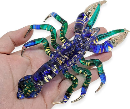 6" Tiny Blue Green Gold Dots Lobster Figurine - Miniature Hand Blown Painted Glass Shrimp Prawn Crustacean Crystal Sea
