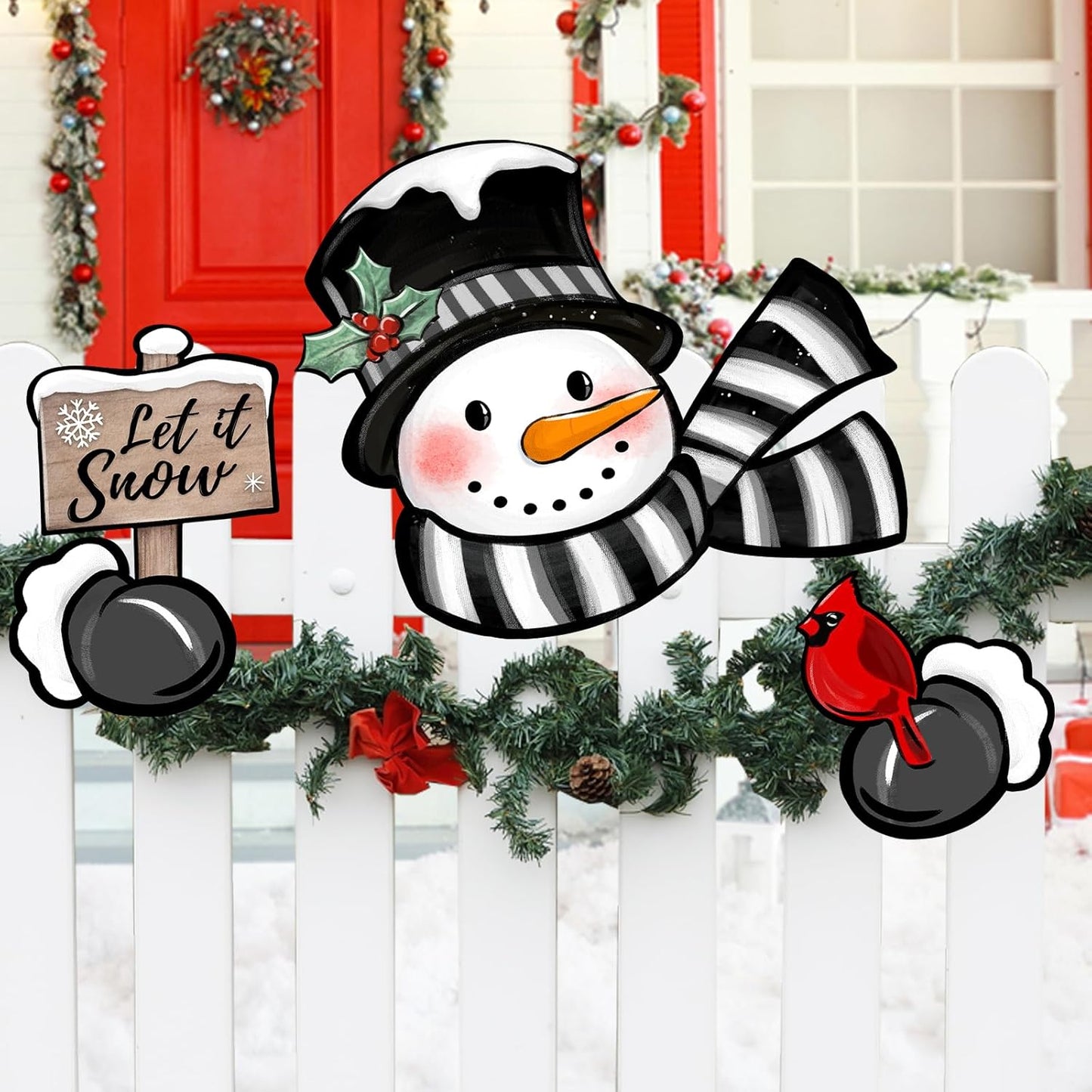 Winter Snowman Cardinal Fence Peeker Yard Garden Signs Let It Snow Red Bird Tree Topper Ornaments