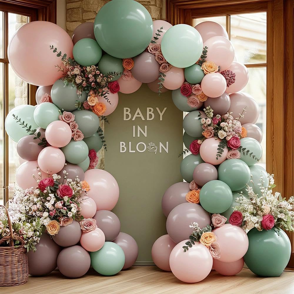 Pink Green Balloon Arch with Artificial Flowers Double Stuffed Dusty Light Pink Sage Green Balloon Garland Kit Eucalyptus Leaves for Baby in Bloom Birthday Bridal Shower Wildflower Party Decorations